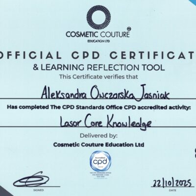 Official CPD Certificate Cosmetic Couture Education Ltd - Laser, Aleksandra Owczarska-Jaśniak, 2025
