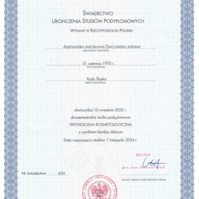 Dyplom ukończenia studiów - Trychologia Kosmetologiczna, Aleksandra Owczarska-Jaśniak