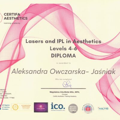 Dyplom Certifa Aesthetic Training Academy Londyn - Laser and IPL Level 4-6